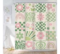 Newsely Retro Cute Green Pink Flower Shower Curtain 60Wx72H Inch Abstract 70s Danish Pastel Checkered Aesthetic Rainbow Groovy Bathroom Set Girls Waterproof Bath Decoration Accessories Home Decor