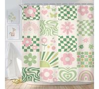 Newsely Retro Cute Green Pink Flower Shower Curtain 72Wx72H Inch Abstract 70s Danish Pastel Checkered Rainbow Groovy Shower Curtain Bathroom Set Girls Waterproof Bath Decoration Accessories Home Decor