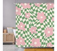 Newsely Retro Pink Green Shower Curtain 60Wx72H Inch Cute Flower Abstract Checkered Plaid Groovy Shower Curtain Bathroom Set Aesthetic Waterproof Bath Decoration Accessories Home Decor