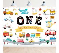 Newsely Transportation Theme 1st Birthday Backdrop 7Wx5H Photography for Boys Kid Cartoon Car Train Plane Sailboat Vehicle Traffic Background Cute Party Decorations Banner Photo Booth Props Supplies