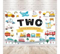 Newsely Transportation Theme 2nd Birthday Backdrop 5Wx3H Photography Cartoon Cute Car Train Plane Sailboat Vehicle Traffic Background Kids Boys Party Decorations Banner Photo Booth Props Supplies