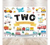 Newsely Transportation Theme 2nd Birthday Backdrop 7Wx5H Photography for Kids Boys Car Train Plane Sailboat Background Cartoon Cute Vehicle Traffic Party Decorations Banner Photo Booth Props Supplies