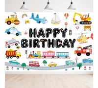 Newsely Transportation Theme Happy Birthday Backdrop 5Wx3H Photography Kids Cartoon Car Train Plane Sailboat Cool Cute Vehicle Background Traffic Party Decorations Banner Photo Booth Props Supplies