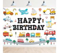 Newsely Transportation Theme Happy Birthday Backdrop 7Wx5H Photography Cartoon Car Train Plane Sailboat Cute Vehicle Traffic Background Kids Boys Party Decorations Banner Photo Booth Props Supplies