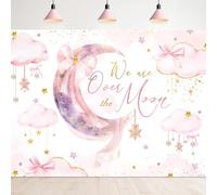 Newsely We are Over The Moon Baby Shower Backdrop 8Wx6H Photography Pink Moon Stars Starry Clouds Bownot Bow Newborn Background Coquettee Girl Cute Party Decorations Banner Photo Booth Props Supplies