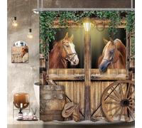 Newsely Western Horse Stable Shower Curtain 60Wx72H Inch Farmhouse Barn Door Cowboy Wild West Green Leaves Shower Curtain Bathroom Set Wood Old Wheels Waterproof Bath Decoration Accessories Home Decor