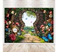 Newsely Wonderland Enchanted Tea Party Backdrop 8Wx6H Photography Kids Fairy Tale Grass Flower Brick Wall Woodland Checkerboard Background Spring Party Decorations Banner Photo Booth Props Supplies