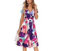 Newshows Casual Dresses for Women UK Summer Hawaiian Tropical Short Sleeve V-Neck Faux Wrap Midi Sundress with Pockets(Floral 21,L)