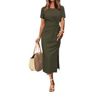 Newshows Summer Dresses for Women UK Casual Long Maxi Dress Tie Waist Elegant T Shirt Sundress with Split Army Green,XL