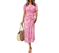 Newshows Summer Dresses for Women UK Floral Long Maxi Dress Tie Waist Ladies Casual T Shirt Sundress with Split Abstract Pink Floral,M