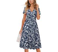 Newshows Summer Dresses for Women UK Short Sleeve V Neck Faux Wrap Casual Beach Midi Sundress with Pockets(Navy White Floral,XXL)