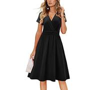 Newshows Summer Dresses for Women UK Short Sleeve V-Neck Faux Wrap Casual Midi Sundresses with Pockets(Black,S)