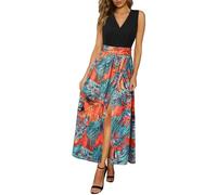 Newshows Women Summer Dresses Casual Sleeveless V Neck Boho Vacation Beach Split Flowy Dress Orange Blue Tropical Leaf,M