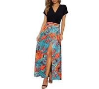 Newshows Womens Summer Dress Casual Vacation Short Sleeve V Neck Boho Beach Maxi Dresses Orange Blue Tropical Leaf,L