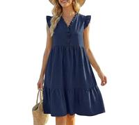 Newshows Womens Summer Dresses Casual V Neck Flutter Sleeve A Line Beach Sundress with Pockets Navy,S