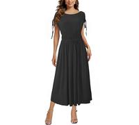 Newshows Womens Summer Dresses Short Sleeve Casual Midi Dress Boat Neck Smocked Drawstring Dresses Black,S