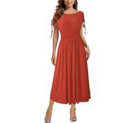 Newshows Womens Summer Dresses Short Sleeve Casual Midi Dress Boat Neck Smocked Drawstring Dresses Caramel,S