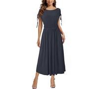 Newshows Womens Summer Dresses Short Sleeve Casual Midi Dress Boat Neck Smocked Drawstring Dresses Navy Blue,L