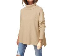 Newshows Women's Turtleneck Jumpers Ladies Oversized Knitted Chunky Side Split Pullover Sweaters Tops Apricot,S