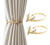 Newsmy 2 Pcs Gold Deer Curtain Tie Backs, Adjustable Spring Snap-On Curtain Holdbacks, No Drill Metal Curtain Tiebacks for Thick or Sheer Curtains, Decorative Window Holders