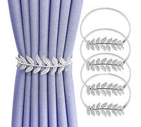 Newsmy 4 Pcs Silvery Leaf Curtain Tie Backs, Adjustable Spring Snap-On Curtain Holdbacks, No Drill Metal Curtain Tiebacks for Thick or Sheer Curtains, Decorative Window Holders
