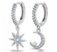 Newsmy Silver Moon and Star Earrings - 925 Sterling Silver Hypoallergenic Huggie Hoops with Moon Star Drop, Christmas Birthday Valentine's Gifts for Women Girls Wife