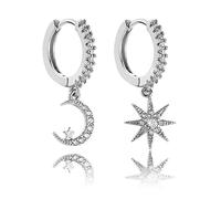 Newsmy Silver Moon and Star Earrings, 925 Sterling Silver Moon Star Dangle Hoop Zirconia Earrings for Women Girls Valentines, Mother's Day Gift - Hypoallergenic