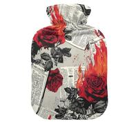 Newspaper Burning Red Roses Retro hot Water Bottle with Soft Cover, 1L Water Bottle Bag for Hand Feet Warmer, Period Cramps, Bolsa de agua Caliente para el Dolor