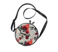 Newspaper Burning Red Roses Retro Round Womens Purses Crossbody Womens Practical with Adjustable Strap Small Shoulder Bag For Hiking Traveling Canvas Messenger Purse