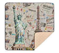 Newspaper Collage Statue of Liberty & Eiffel Tower Soft Padded Baby Activity Play Mat for Floor Non-Toxic Padded Baby Mat for Baby Kids Toddlers Infants, 50'' x 50''