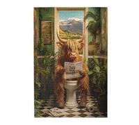 Newspaper-Reading Highland Cow 500 Piece Adults Wooden Jigsaw Puzzle,Potted Plants & Mountains Window,Quirky Animal Artwork,Stress Relieving Pleasure,Gift for Family and Friends