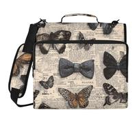 Newspaper Retro Butterflies Bow Tie 1.5 Inch 3 Ringing Zip Up Binder with Shoulder Strap & Handle Multiple Pockets School Supplies Organizer for School Clip de cremallera