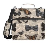 Newspaper Retro Butterflies Bow Tie 1.5-Inch 3-Rings Zipper Binder Organizer with Handle and Removable Shoulder Strap Multiple Pockets Portable Portfolio for School/Office