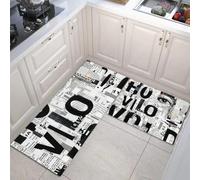 Newspaper Scrap Collage Kitchen Rug Set 2 Pieces, Non-Slip and Washable Kitchen Runner Mat Collage Art Standing Mats for Hallway, Dining Room and Entryway - 50x80cm+50x150cm, Black And White