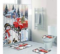 NEWSUYAA 4 PCS Christmas Shower Curtain Sets, Xmas Bathroom Set Toilet Seat Cover Rug Snowman Gnome Rustic Tree Santa Theme Tub Room Décor,Cute Holiday Decorations (N2)
