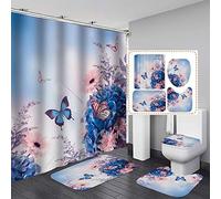 NEWSUYAA 4 Pcs Shower Curtains Sets,Blue Colorful Flower Butterflies Bathroom Decorations with Toilet Lid Cover,Non-Slip Mats,Bath Mat Rugs and Waterproof Shower Curtain with Matching Hooks