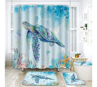 NEWSUYAA 4 Piece Sea Turtle Shower Bathroom Set, Teal Underwater Seaweed Seashell Curtain with Bath Rugs, Toilet Seat Cover, Marine Animals Ocean Shower Curtains with Hooks