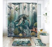 NEWSUYAA 4 Piece Sea Turtle Shower Curtain Bathroom Set, Teal Underwater Seaweed Seashell Shower Curtain with Bath Rugs Toilet Seat Cover, Marine Animals Teal Ocean Shower Curtains with Hooks (N1)