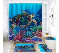 NEWSUYAA 4 Piece Sea Turtle Shower Curtain Bathroom Set, Teal Underwater Seaweed Seashell Shower Curtain with Bath Rugs Toilet Seat Cover, Marine Animals Teal Ocean Shower Curtains with Hooks (Blue)