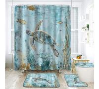 NEWSUYAA 4 Piece Sea Turtle Shower Curtain Bathroom Set, Teal Underwater Seaweed Seashell Shower Curtain with Bath Rugs Toilet Seat Cover, Marine Animals Teal Ocean Shower Curtains with Hooks (N2)