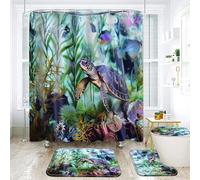NEWSUYAA 4 Piece Sea Turtle Shower Curtain Bathroom Set, Teal Underwater Seaweed Seashell Shower Curtain with Bath Rugs Toilet Seat Cover, Marine Animals Teal Ocean Shower Curtains with Hooks (N3)