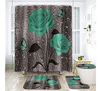 NEWSUYAA 4 Piece Shower Curtain with Bath Rugs Bathroom Sets, Rustic Blue Rose Flower Butterfly Bathtub Accessory Kit Carpet , U Shape Mat and Toilet Lid Cover, Floral Room Decor (Green) (FL001-02GB)
