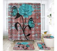 NEWSUYAA 4 Piece Shower Curtain with Bath Rugs Bathroom Sets, Rustic Blue Rose Flower with Butterfly Bathtub Accessory Kit -- Carpet ,U Shape Mat and Toilet Lid Cover, Red, Standard Size, FL001-02GB