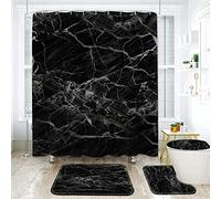 NEWSUYAA Black Marble Shower Curtain with Bath Rugs Bathroom Sets, 4 Pcs Abstract Marble Bath Décor Toilet Seat Cover, Absorbent Pedestal Pads Mats and Waterproof Tub Curtains + Hooks (Black)