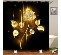 NEWSUYAA Black Shower Curtain,Gold Rose Flower Shower Curtains with Hooks Sets,Golden Floral Romantic Bath Decor,Waterproof Fabric Bathroom Accessory Set (Black)