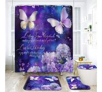 NEWSUYAA Blue Butterfly Bathroom Set, 4 Piece Shower Curtain with Bath Mat, Vintage Wood Pattern, Toilet Accessories (Purple)