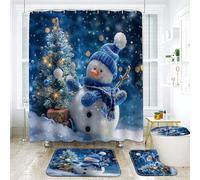 NEWSUYAA Christmas Shower Curtain Bathroom Decorations Sets, 4 PCS Cute Snowman Xmas Holiday Bath Decor with Toilet Seat Cover Rugs Mats and Hooks, Santa Theme Tub Room Décor (Blue)