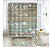 NEWSUYAA Cyan Bathroom Shower Curtain Set with Family Quotes,4 Pcs Home Inspirational Bath Decor with Non-Slip Bath Mat, Toilet Lid Cover & U-Shape Rug, Modern Farmhouse 72 Inch Hooks