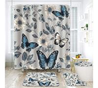 NEWSUYAA Flowers and Butterflies Shower Curtains with Rugs Bathroom Decorations Sets,4 Pcs Blue Floral Bathtub Curtain Elegant Bath Decor with Toilet Seat Cover Rug Bath Mat and Hooks (Gray)