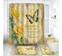 NEWSUYAA Flowers and Butterflies Shower Curtains with Rugs Bathroom Decorations Sets,4 Pcs Blue Floral Bathtub Curtain Elegant Bath Decor with Toilet Seat Cover Rug Bath Mat and Hooks (yellow)